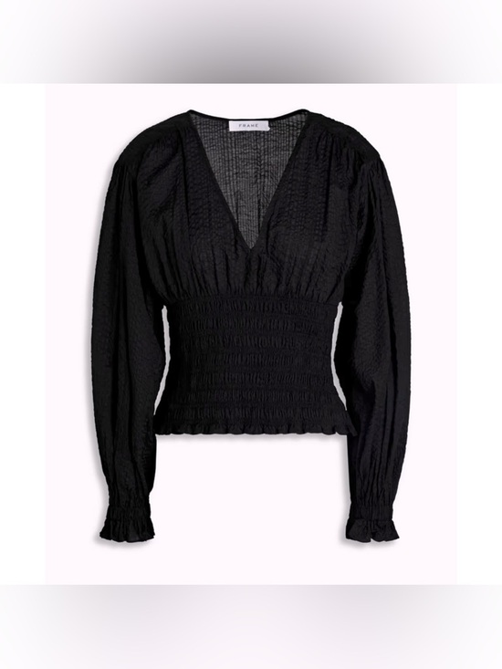 Frame Denim Tops - FRAME Smocked V-Neck Crinkled Cotton Blouson Sleeve Top Black Women Medium $348